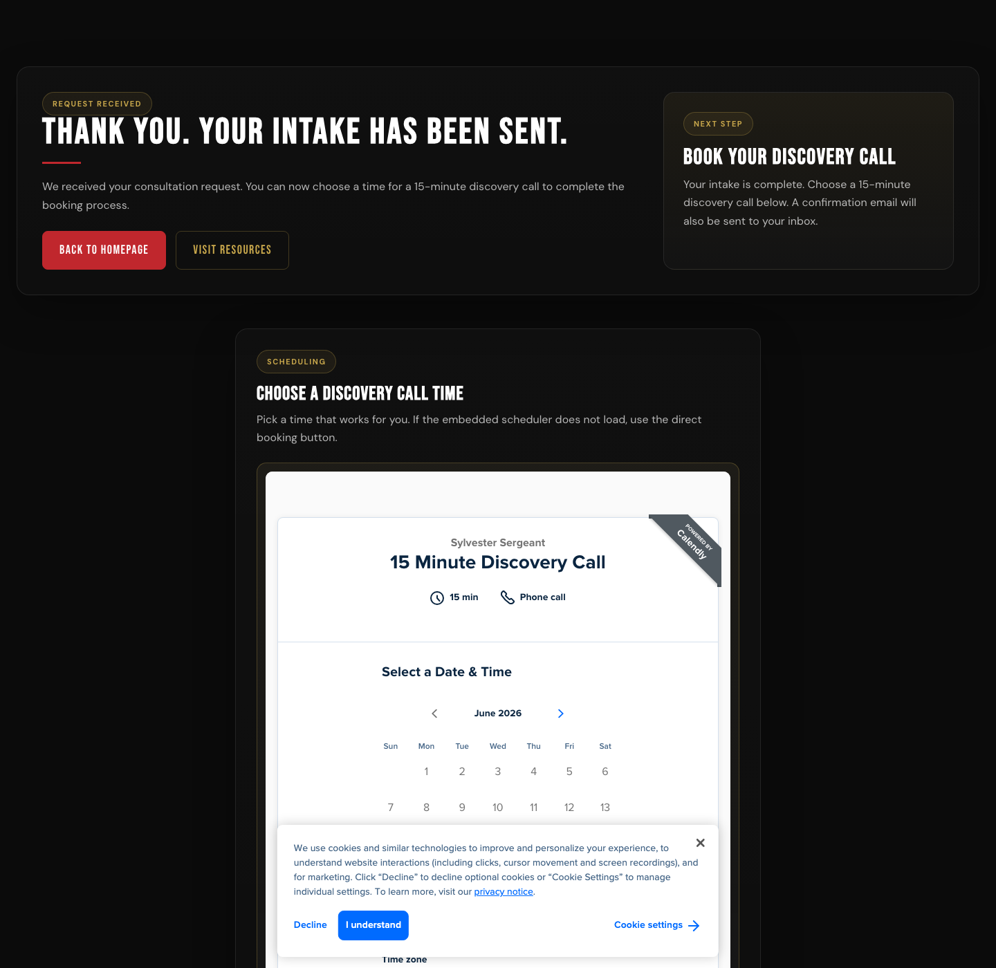 Thank-you page and Calendly booking path checked after form submission